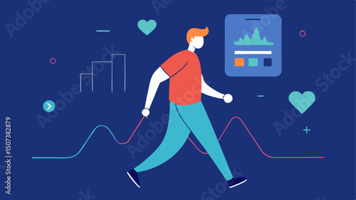 Mobile Health Monitoring An illustration depicting a person walking while wearing the ultrasound device with an overlay of data metrics like heartbeat imaging quality emanating