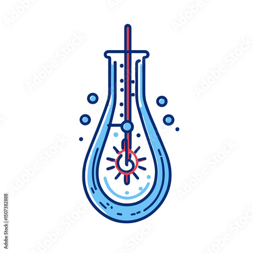 Laboratory flask with water, thermometer, and bubbles in a colorful design, scientific concept