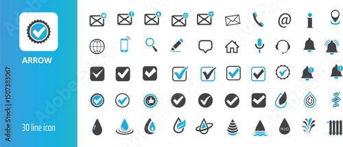 Thirty line icons set checkmarks notifications water
