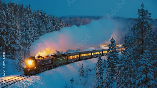 Steam Train Traveling Through a Snow Covered Forest at Dusk or Night