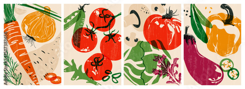 Fresh vegetable posters. Organic veggies natural food farm products for healthy diet, tomato pepper onion greens risograph covers for vegetarian restaurant menu. Vector cartoon set