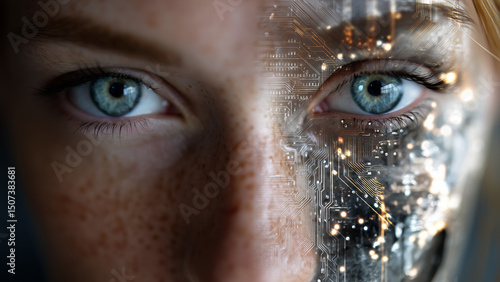 A conceptual portrait merges half of a human face with digital circuits—one side realistic with skin and eye, the other metallic with glowing microchips and wires. 
