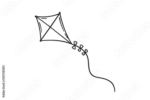 Summer kite is flying doodle hand drawn icon. Outline drawing kite is flying line clipart symbol