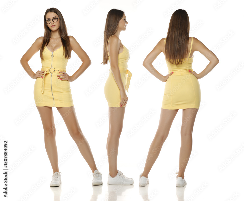 Fashion collage of young woman in yellow zip dress with belt, studio shot on white background. Fashion collage of young woman in yellow zip dress with belt, studio shot on white background.