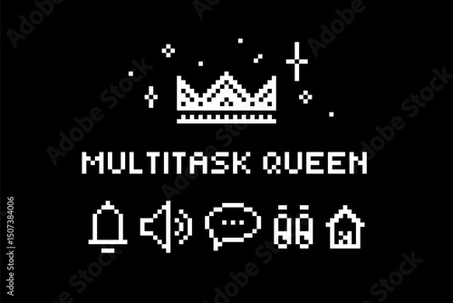 Multitask Queen Pixel Art Sticker. Minimalist Retro Icons for Productivity and Girl Power. Y2K Cute Pixel Illustration for Office, Digital Planners, Tech Life