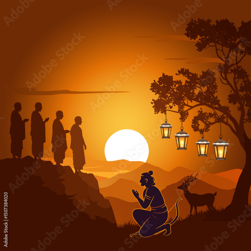 Poson Day Background with Mihintale Silhouette and Full Moon – Buddhist Festival Design Resource for Sri Lanka