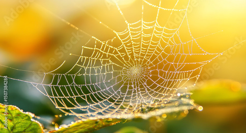 Spider Web and Dew on Leaf in Golden Hour Glow