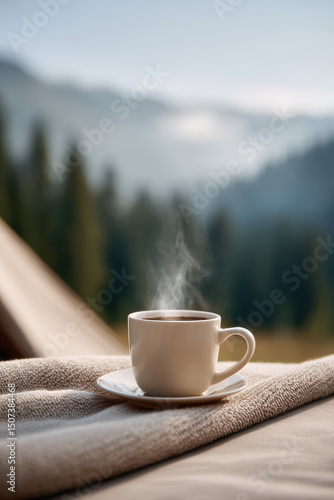 cozy scene of steaming cup of coffee on warm blanket nestled beside tent