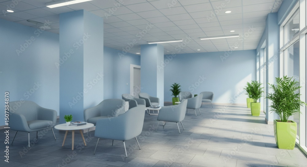 Fototapeta premium A serene waiting area with comfortable armchairs, plants, and ample natural light.