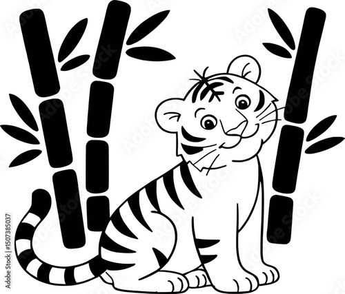 Adorable baby tiger cub near bamboo plants
