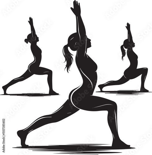 Three silhouettes of women in warrior ii yoga pose