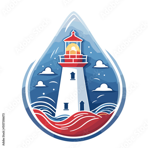 Lighthouse in a water droplet with waves and clouds in a colorful style, logo concept