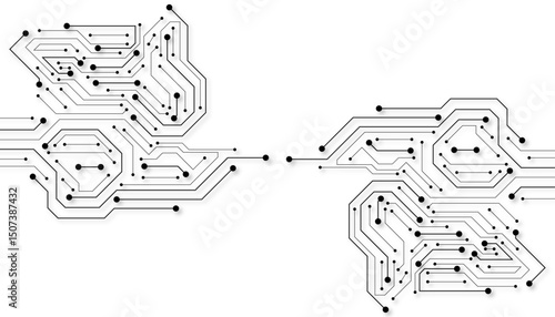 Circuit Board Technology Electronic Scheme Pattern Abstract Background. PCB Trace Black And White Engineering Data Communication Concept Vector.