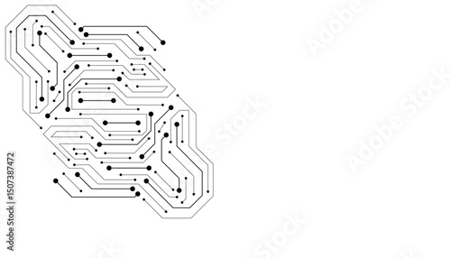 Circuit Board Technology Electronic Scheme Pattern Abstract Background. PCB Trace Black And White Engineering Data Communication Concept Vector.