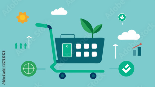 Digital Cart Selector A shopping cart icon with a digital screen displaying ecofriendly labels surrounded by icons of solar panels and wind turbines.