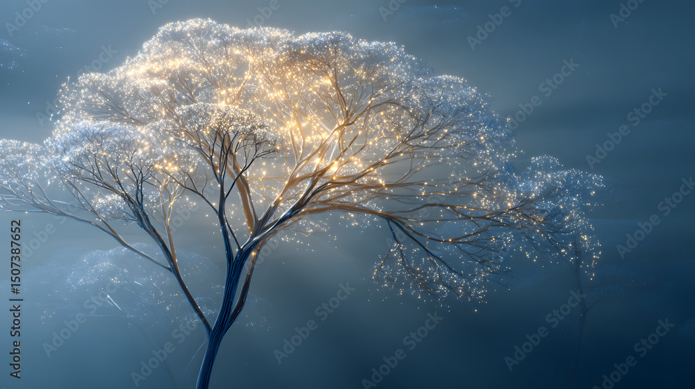 Fototapeta premium Enchanted Winter Tree Glimmering Light Through Snowy Branches in a Dreamlike Landscape