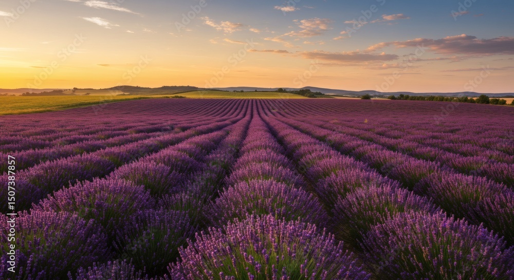 Stunning view of a vast lavender field at sunset with a golden sky above the horizon. Stunning view of a vast lavender field at sunset with a golden sky above the horizon.