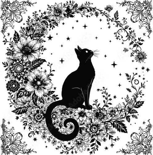 Celestial Cat Serenade: Black Cat Howling at Stars Within a Floral Crescent Moon - Detailed Black and White Illustration