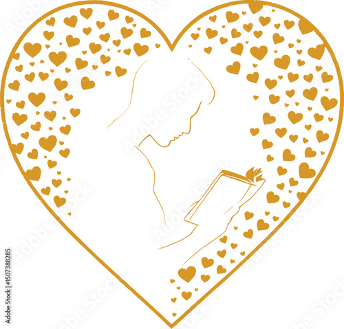  Golden Heart with Reader Silhouette and Scattered Mini Hearts - Elegant Vector Illustration