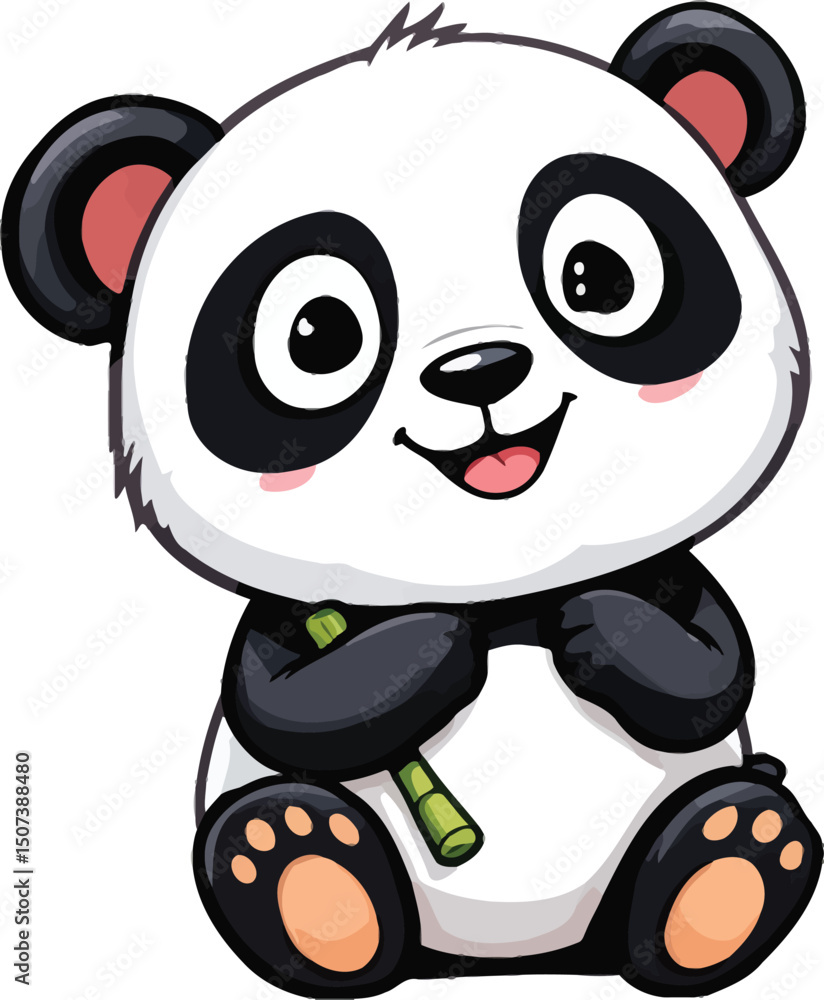 Fototapeta premium Happy Cartoon Panda Sitting and Holding Bamboo Shoot - Colorful Vector Illustration