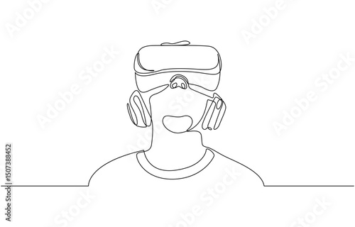 One line drawing of a person in virtual reality. Represents the future of gaming, Astonished Person Wearing VR Headset, Immersive Virtual Reality Experience. Editable Stroke.
