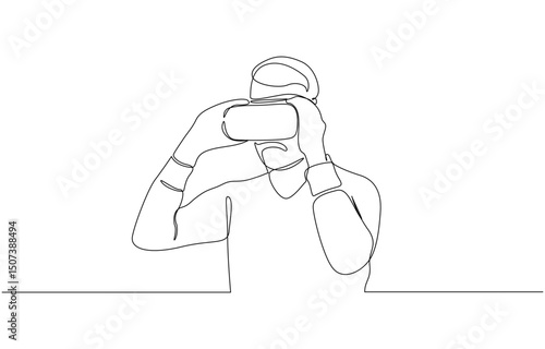 One line drawing of a person in virtual reality. Represents the future of gaming, Astonished Person Wearing VR Headset, Immersive Virtual Reality Experience. Editable Stroke.