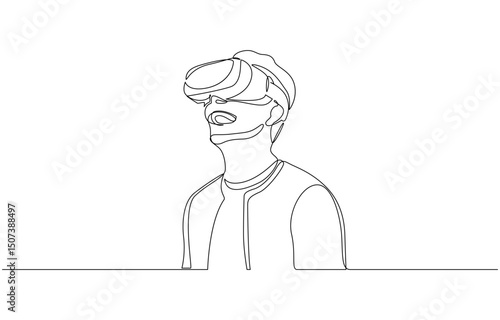 One line drawing of a person in virtual reality. Represents the future of gaming, Astonished Person Wearing VR Headset, Immersive Virtual Reality Experience. Editable Stroke.