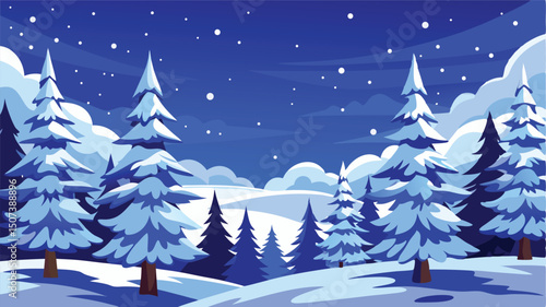 Snowy winter night forest landscape illustration