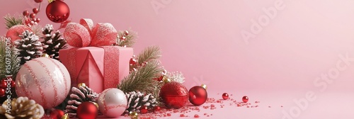 Festive pink Christmas decorations featuring beautiful ornaments, pine cones, and presents create a warm and cheerful holiday atmosphere perfect for celebrations and seasonal joy.