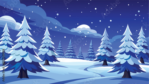 Snowy winter night forest scene illustration