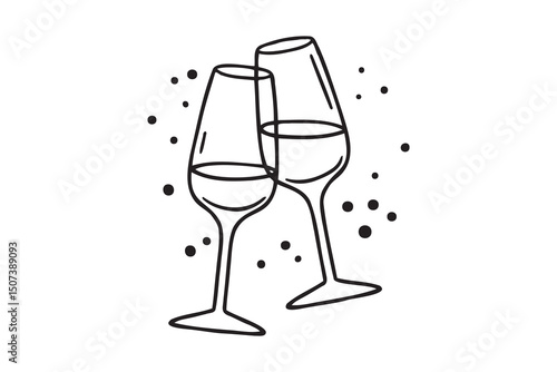 Two glasses wine or champagne doodle outline hand drawn icon. Cheers with alcohol drink and cocktail sign. Champagne glasses make cheers. Element for celebration, party, holiday