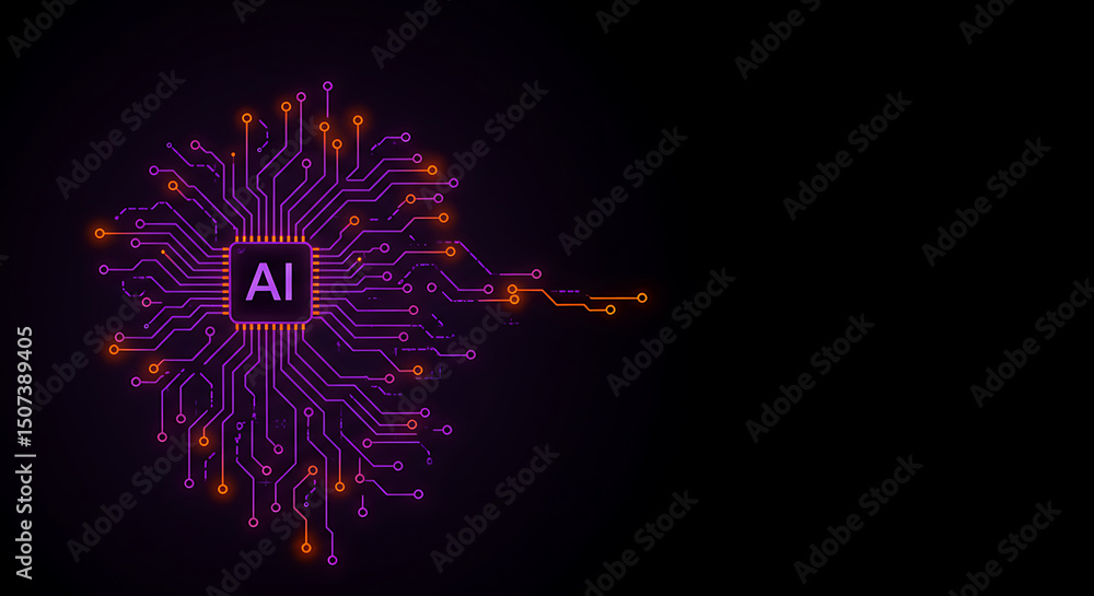 Fototapeta premium Abstract AI microchip with vibrant purple and orange circuit lines on a dark background, symbolizing artificial intelligence, data processing, or a smart computing system.