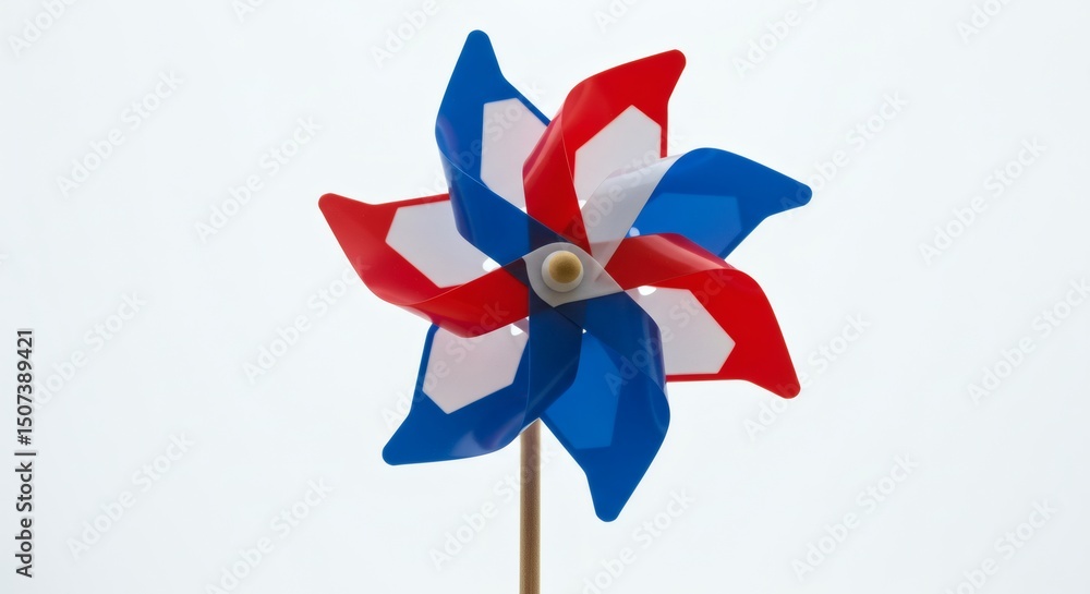 A vibrant red, white, and blue pinwheel spins against a bright, clear white background. A vibrant red, white, and blue pinwheel spins against a bright, clear white background.