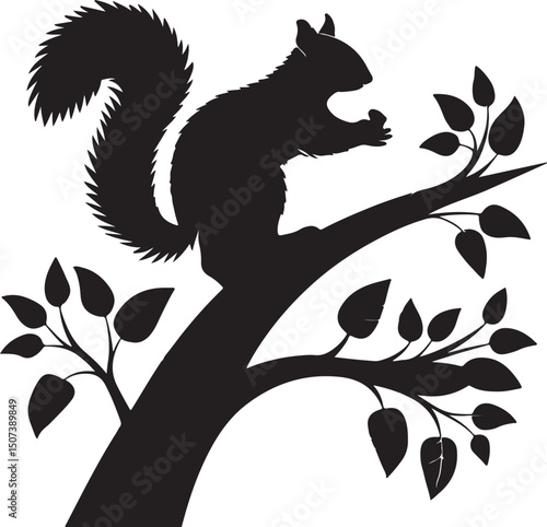 Forest Calm Squirrel in Vector Silhouette, Black silhouette of a squirrel, sitting on a tree branch,