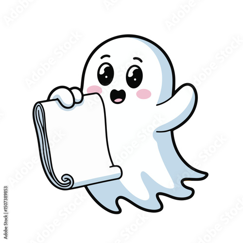 Ghostly Decree: A friendly cartoon ghost, with big eyes, holds a blank scroll, ready to share some spectral knowledge or announcement. The image evokes a sense of playful eeriness.
