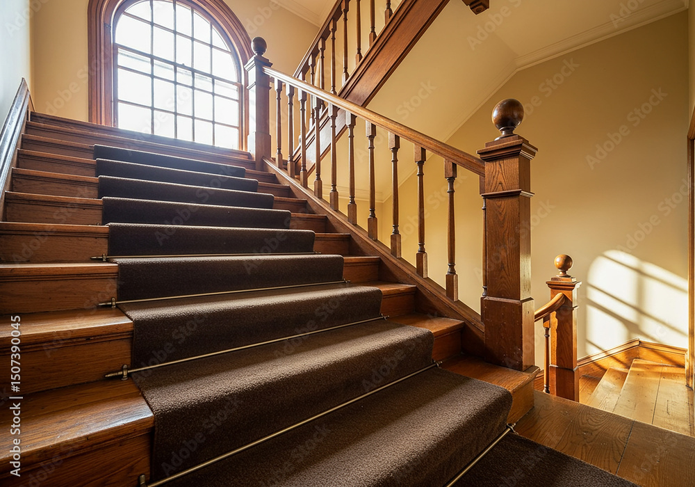 Obraz premium Wooden staircase with carpet and window, interior design.