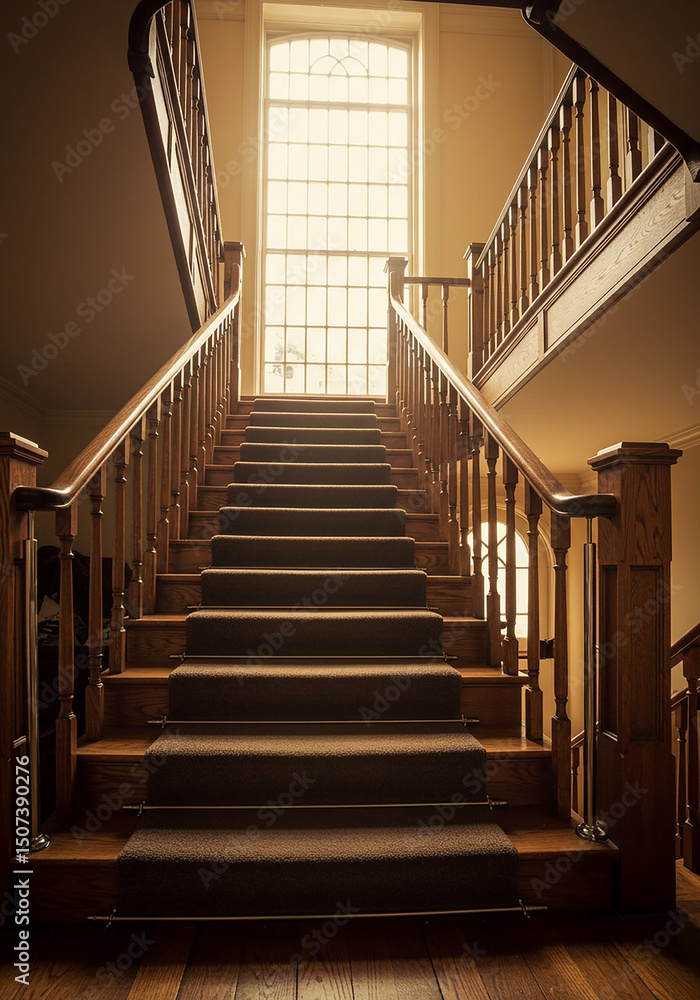 Obraz premium Wooden staircase with a large window at the top of the stairs.