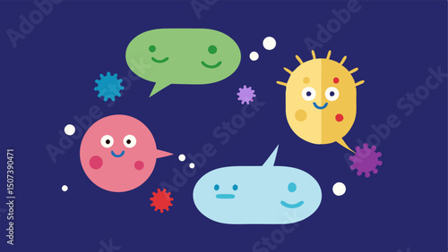 Microbiome Communication An illustration of bacteria talking to each other with speech bubbles symbolizing the interaction and balance within the microbiome.