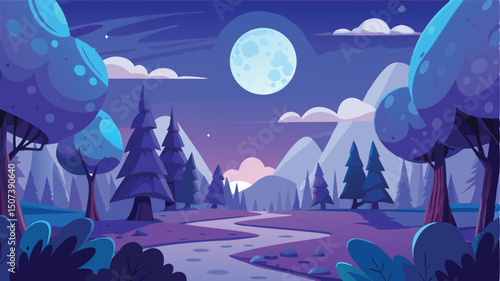 Serene nighttime forest landscape under full moon