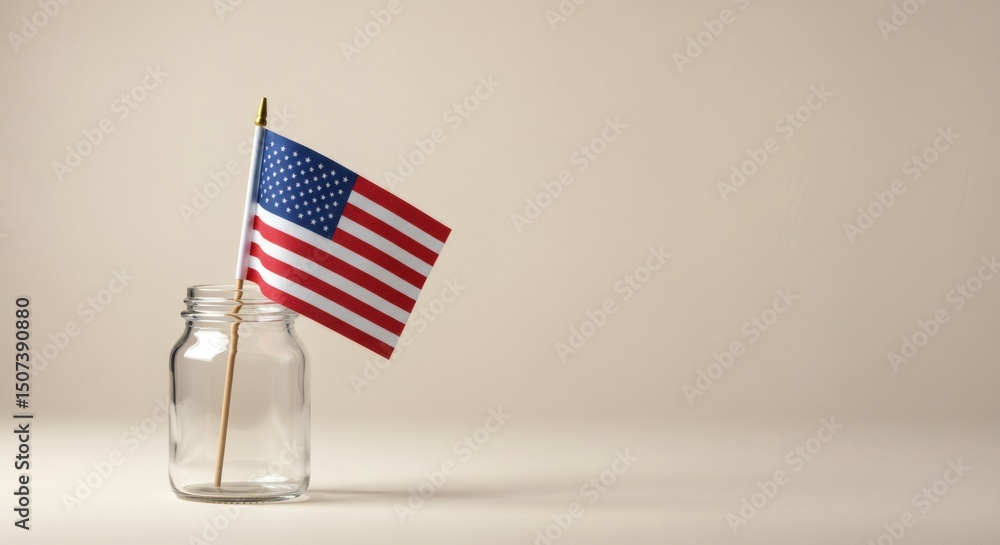 Fototapeta premium A small american flag proudly sits in a glass jar on a neutral, minimalist background.