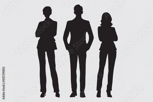 Businessmen businesswomen set silhouettes in suits and ties, confident standing poses, clean lines and executive look EPS 10