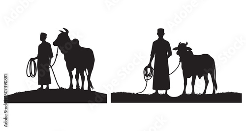 A black silhouette of a man and bull standing 