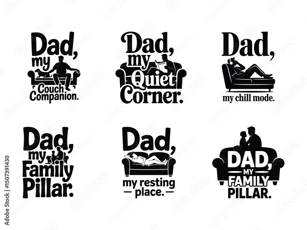 Six father's day designs featuring dads relaxing on couches Six father's day designs featuring dads relaxing on couches