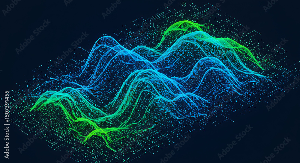 Fototapeta premium Abstract green and blue glowing sound waves or data visualization on a digital grid, representing complex information flow or futuristic analytics.