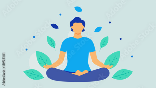 Mindfulness Meditation A serene figure sitting crosslegged in a meditative pose surrounded by peaceful elements like floating leaves and calming waves.