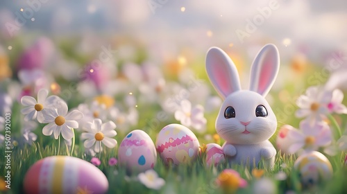 Wallpaper Mural A whimsical easter bunny amidst a field of flowers and eggs. Torontodigital.ca