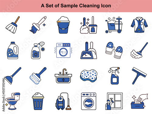 Various blue outlined housecleaning items showcase essential household chores on a white backdrop