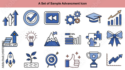 Several line icons depict development concepts, including a trophy, arrows, and lightbulb
