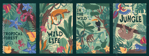 Abstract jungles. Tropic animal forest, abstract nature art posters with safari bird and doodle plant. Exotic palm and liana. Snake and cartoon jaguar. Print or pattern. Vector background