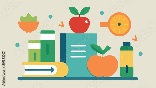 Nutritional Guidance Corner An inviting area featuring healthy food options nutrition books and a chart displaying the benefits of various foods for skin health and vitality.